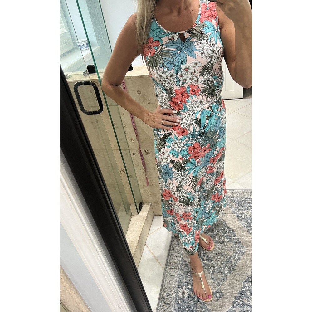 Talbots Petite Small P Sleeveless Hibiscus Floral Maxi Dress Blue Pink 53975249